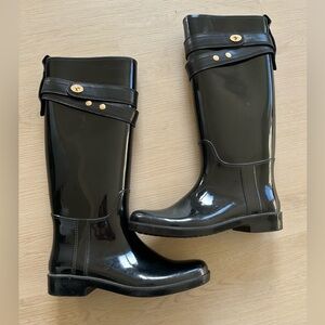 Coach Talia Tall Rain Rubber Boots Black Size 8 W/ Gold Accents